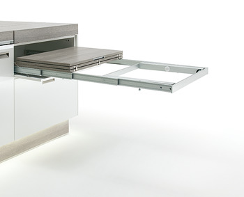 Pull-out table and folding fitting, with folding table leg