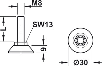 Adjusting screw, Rigid, with plastic foot plate