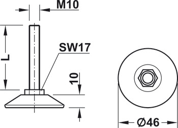 Adjusting screw, M8 and M10 thread, rigid, with plastic foot plate