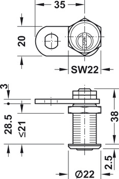 Cam lock, With pin tumbler cylinder, nut fixing, door thickness ≤21 mm
