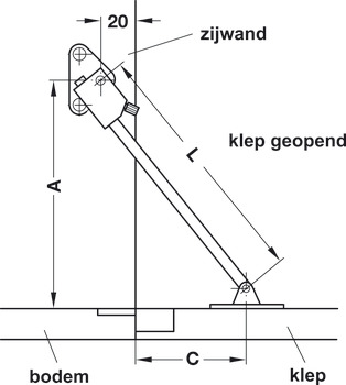 Flap stay with braking mechanism, with braking mechanism, 1 arm, with housing and screw-on bracket